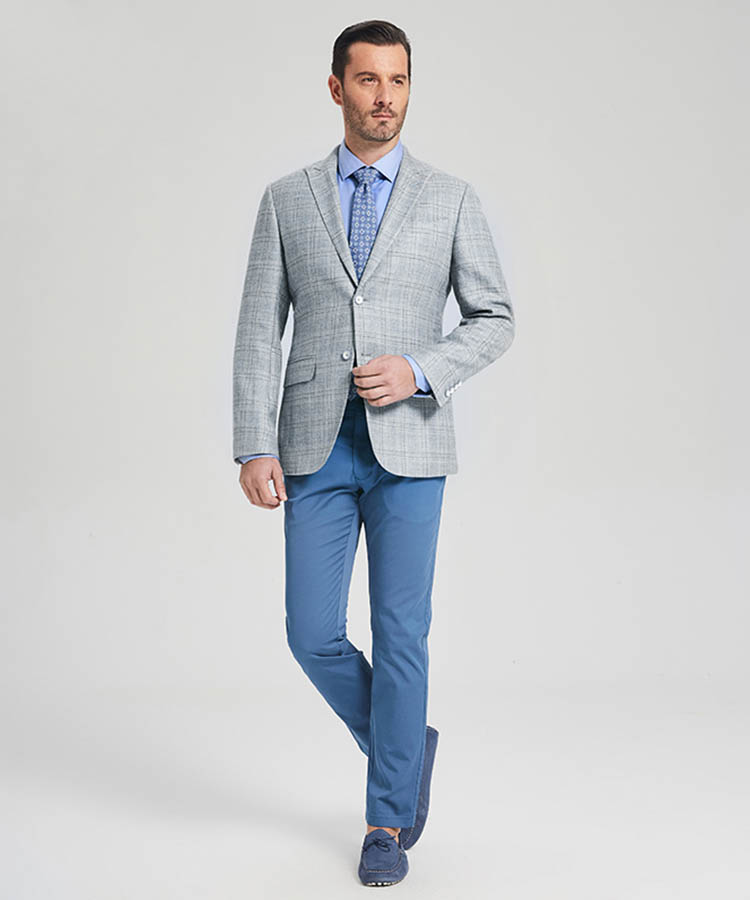 blue and grey plaid wool blend Fashionable suit blazer