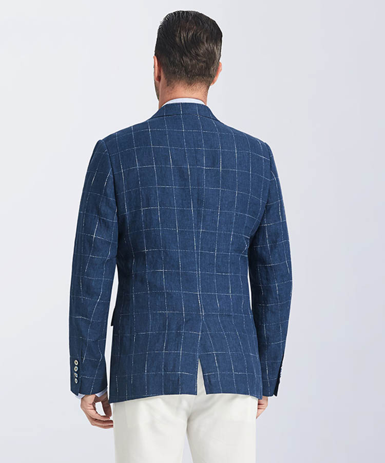 Navy blue grid 100% linen casual suit