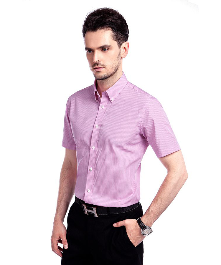 Pink Checks Button Down Short Sleeve Men Shirt 