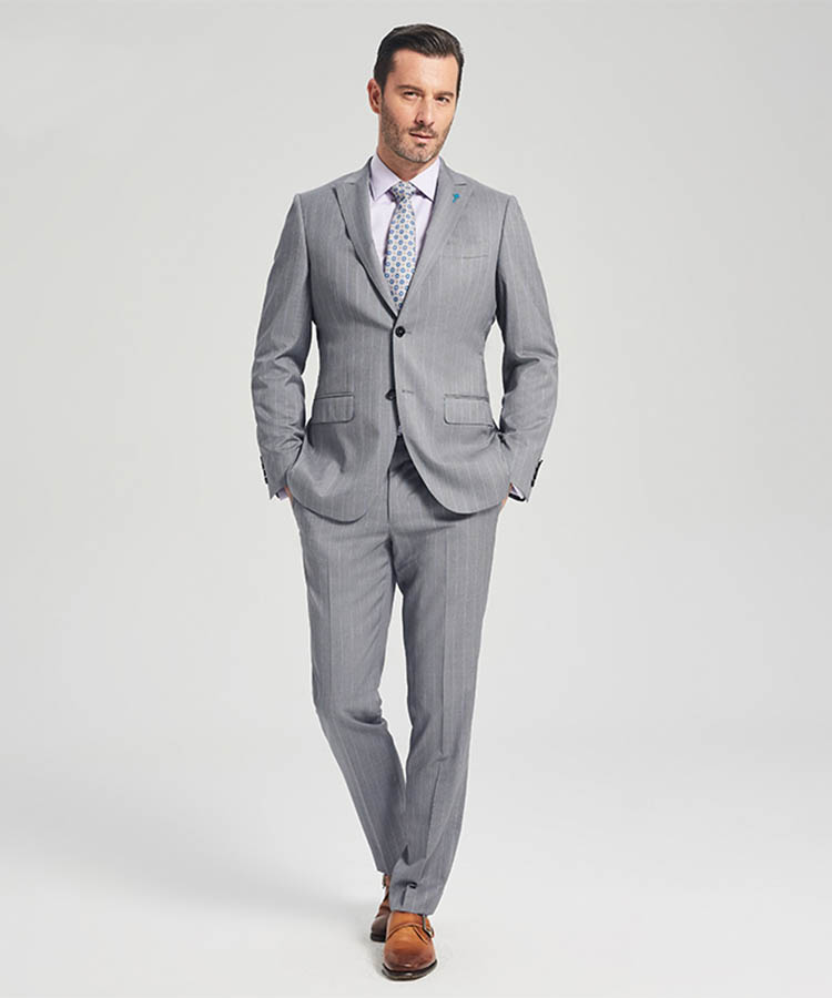 Grey striped 100% wool classic business suit.