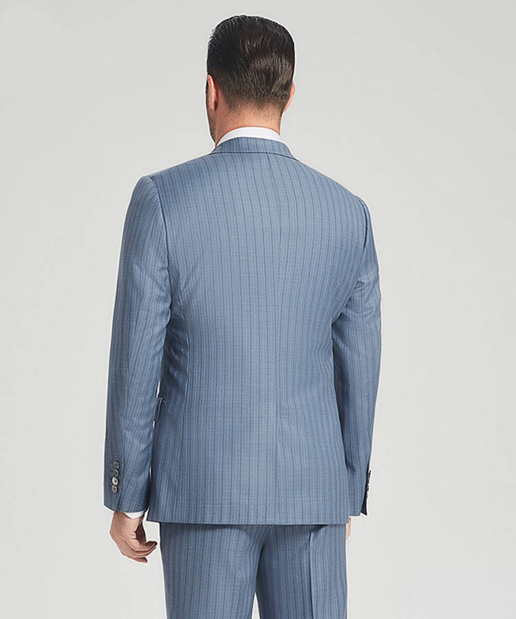 Blue and grey stripes 100% wool suit for men.