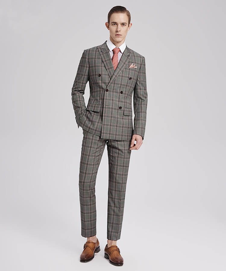  Red grid grey 100% wool double-breasted casual suit