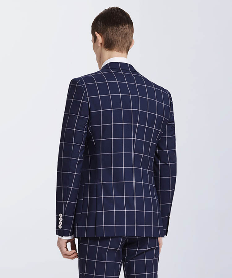 blue Big plaid pure wool high quality suit for men