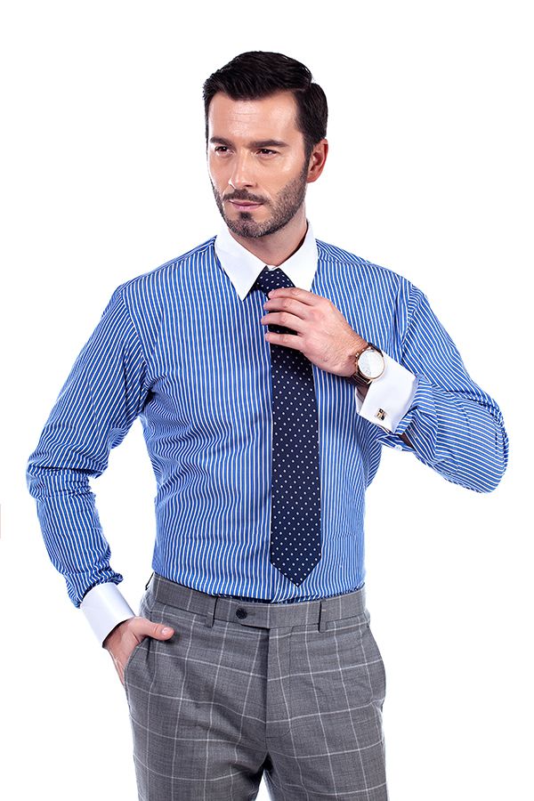 Dark Blue Striped Constrast Collar And Cuff Shirt