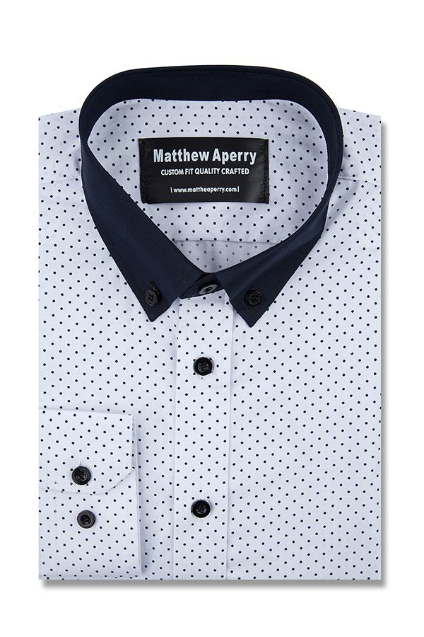 The modern white men shirts with navy dots 