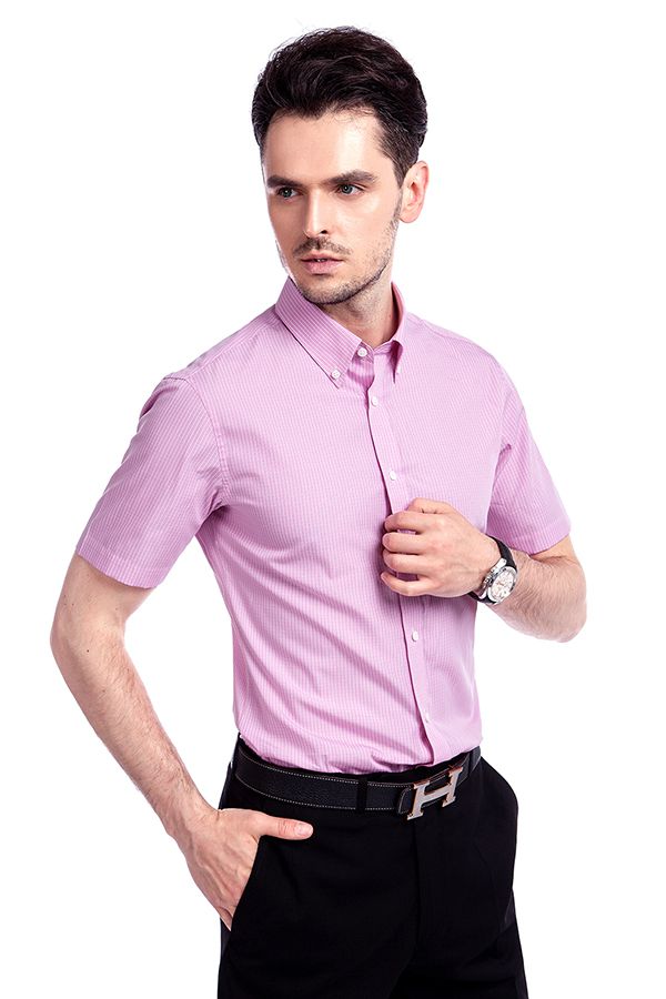 Pink Checks Button Down Short Sleeve Men Shirt