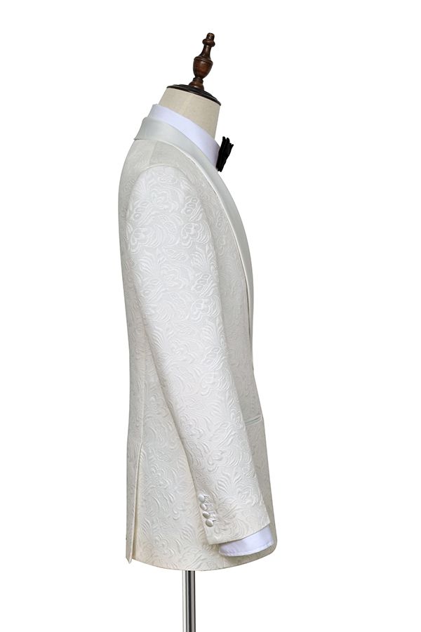 Pure white jacquard Shoal lapel collar tailored wedding suit for groom
