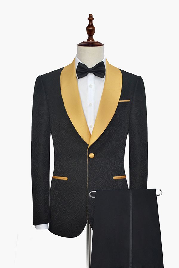 Black champagne collar jacquard wedding suit for groom