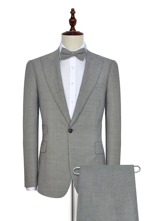 Gray wool small grid literary one botton leisure tailored suit