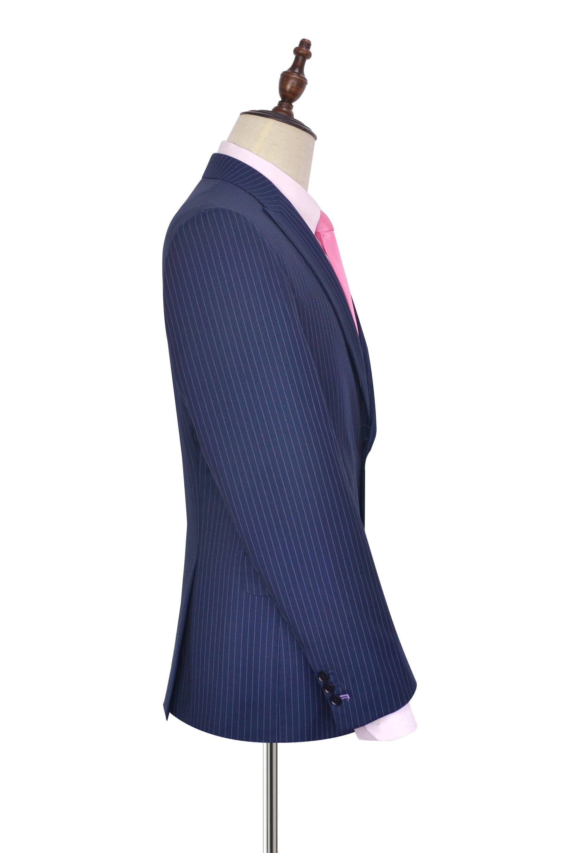 Blue vertical stripes wool Peak lapel high-end tailored suit for office