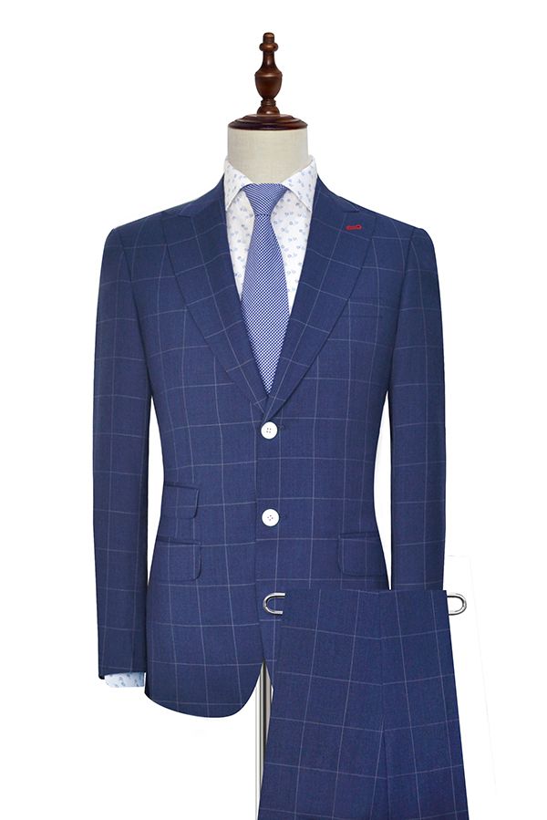 Dark blue wool large grid two botton suit for men