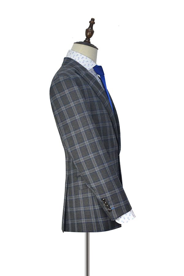 Dark grey wool  large lattice Peak lapel three-piece suit for formal