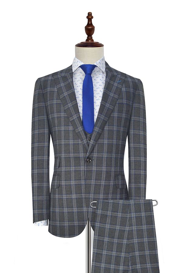 Dark grey wool  large lattice Peak lapel three-piece suit for formal