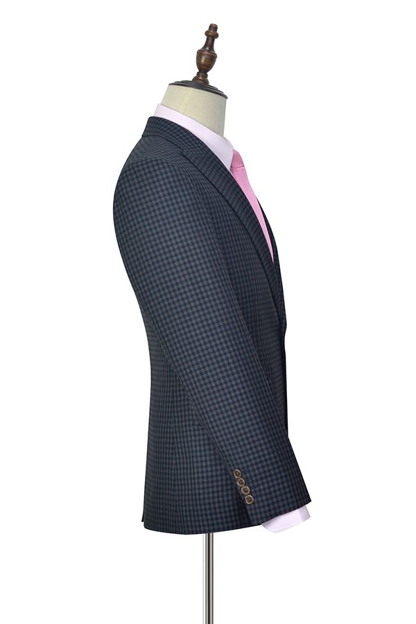 Dark wool gray small grid one button three-piece suit for men