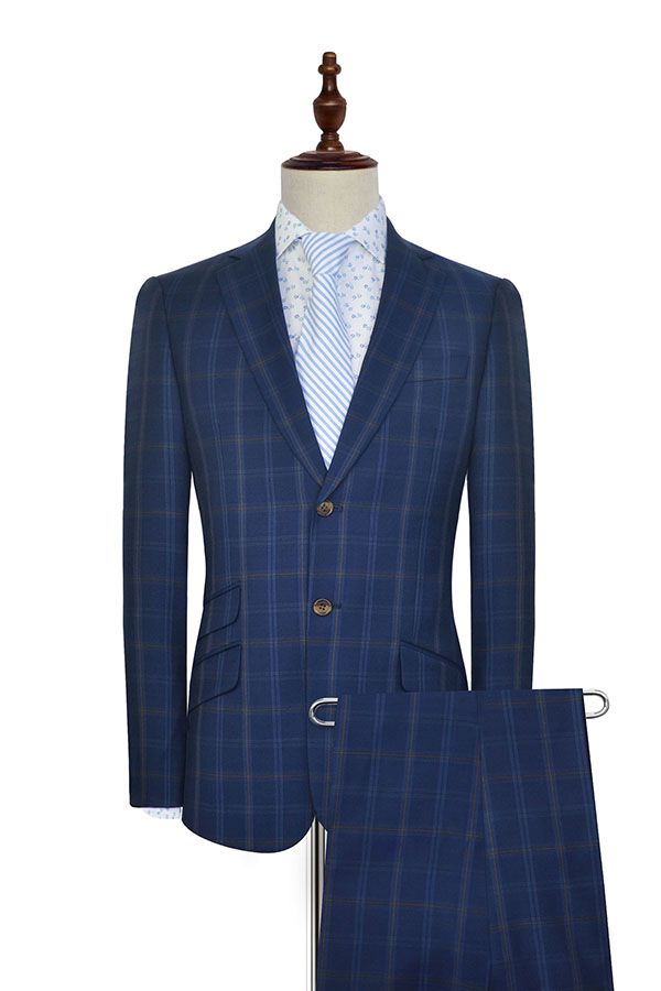 The blue and yellow wool Notched lapel plaid suit for formal