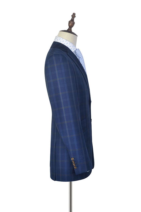 The blue and yellow wool Notched lapel plaid suit for formal