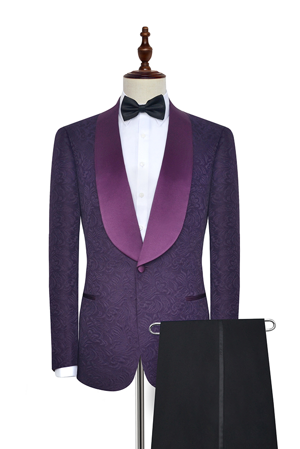 Deep purple jacquard one button customized suit