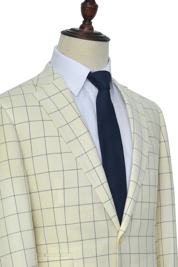 Cream white wool large lattice two button  thin leisure tailored suit for men