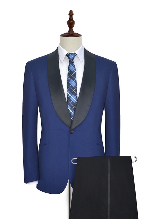 Dark blue wool Shoal lapel wedding suit for groom 