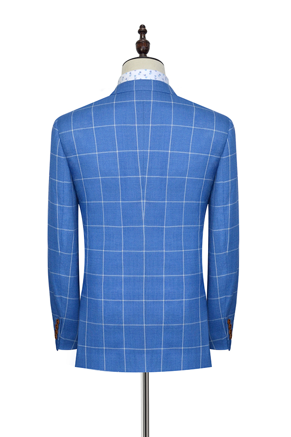 Big blue grid thin wool three standard pocket leisure tailored suit for men