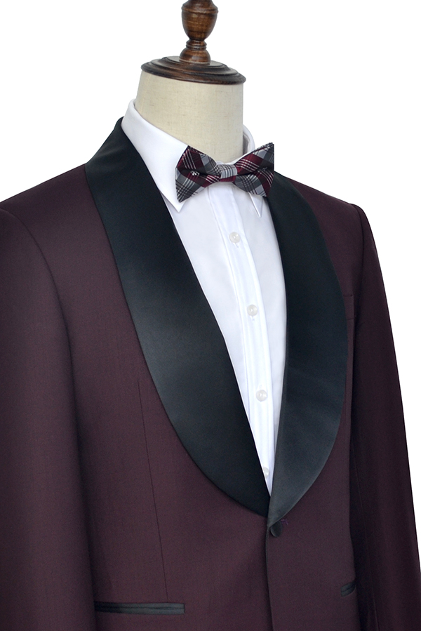 Maroon black shawl collar wool one botton wedding suit for groom