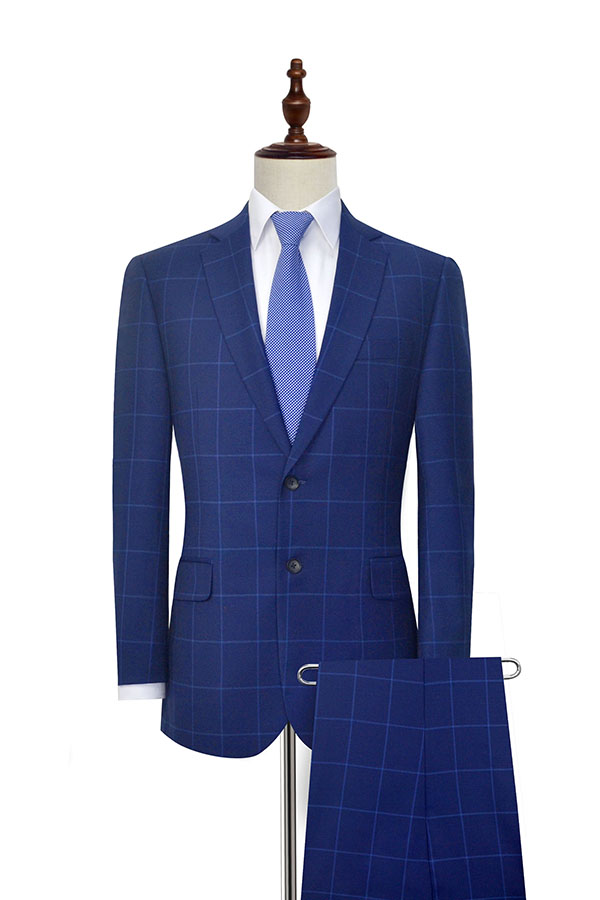 The blue plaid wool Notched lapel custom suit for men