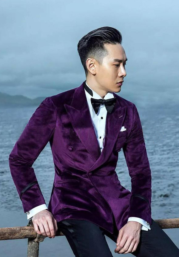 Purple velvet Peak lapel custom wedding suit for groom 