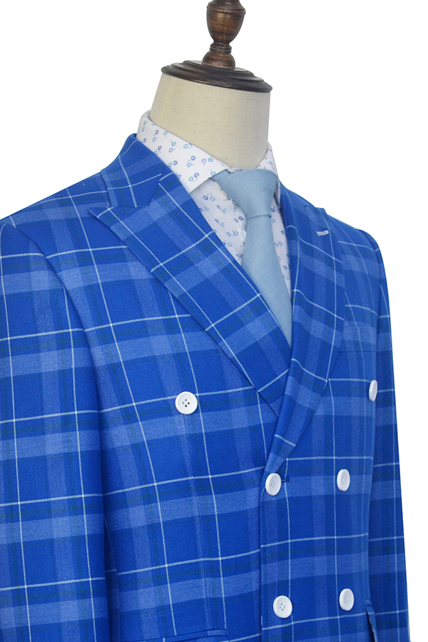 Blue double grid wool double breasted custom suit for men