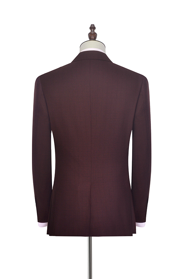 Dark red Small grid wool  peak lapel custom suit for men