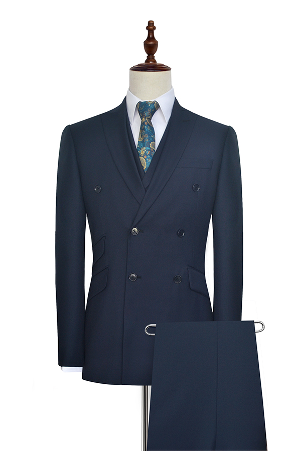 Dark blue wool double-breasted Custom suit for formal 