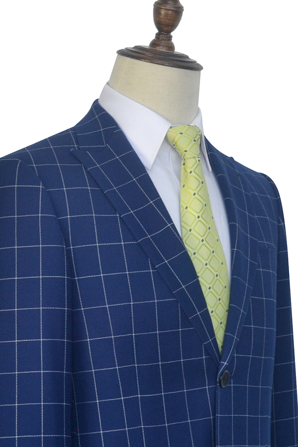 Deep blue grid wool peak lapel custom suit for men