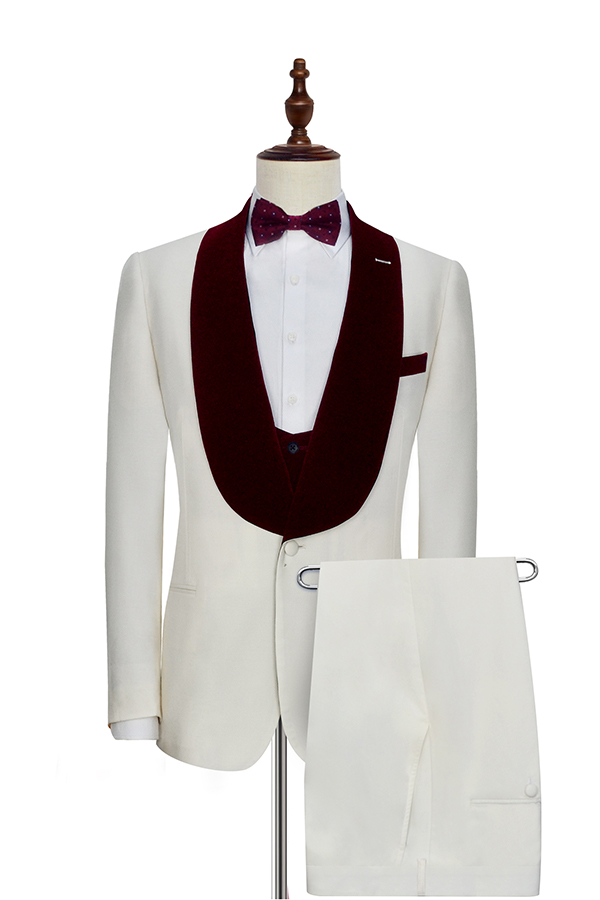 White red velvet collar wool one button wedding suit for groom